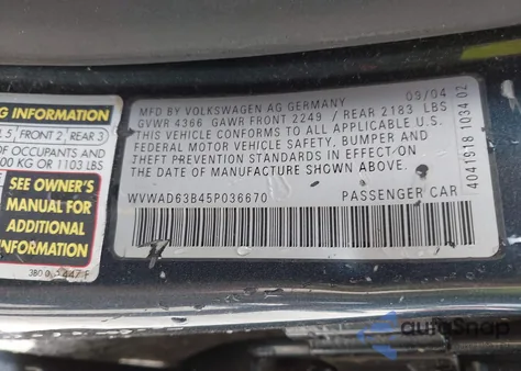 2005 Volkswagen Passat Gls 1.8T from USA, damaged, VIN WVWAD63B45P036670